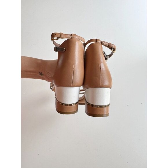 MAIYET Tan White Gold Colorblock Studded Stacked Block Heel Sandals, Size 39 - Picture 12 of 16